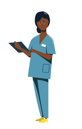 An African American nurse in uniform is standing with a tablet in her hands. Flat vector character isolated on white background.のイラスト素材