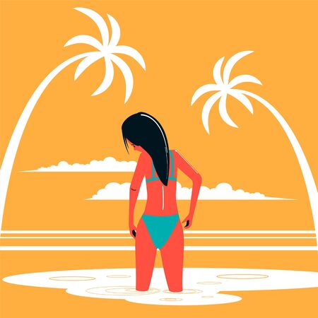 A girl in a swimsuit stands in the sea on a background of palm trees. Flat vector characterのイラスト素材