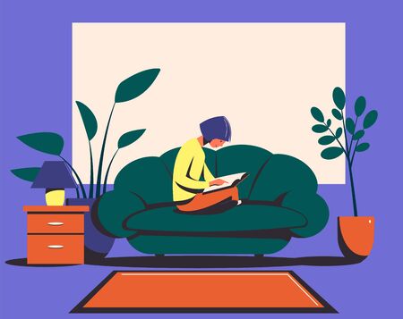 Girl sitting on a sofa reads a book. Relax at home. Flat vector illustration.のイラスト素材