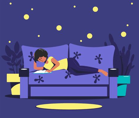 Girl lying on a sofa is reading a book. Flat vector illustration.のイラスト素材