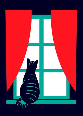 A black cat sits on a windowsill and looks out the window. Pets.のイラスト素材