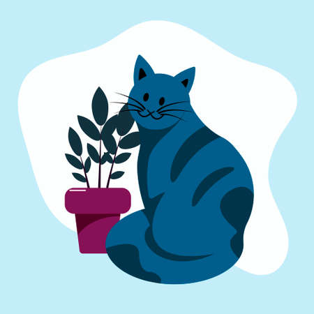 Domestic cat sitting on the background of a domestic plant. Flat vector illustration.のイラスト素材