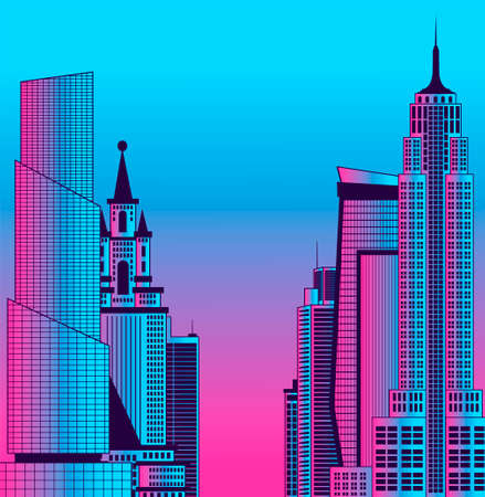 Image of a metropolis in neon colors. City landscape.のイラスト素材