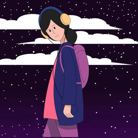 A girl in headphones listens to music walking against the backdrop of the night starry sky.のイラスト素材