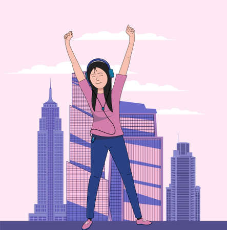 Girl listening to music on the background of skyscrapers. Flat vector illustration.のイラスト素材