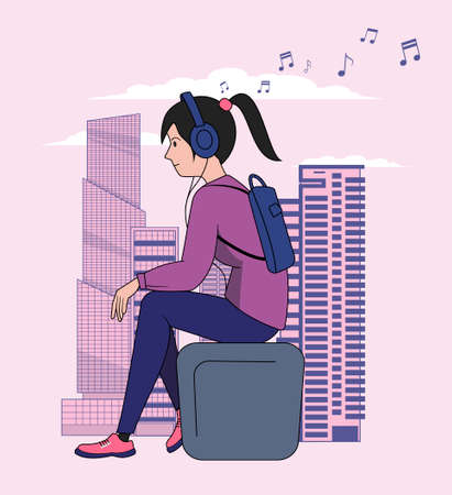 A girl with headphones sits on a bench against the backdrop of a big city and listens to music. Vector illustration.のイラスト素材