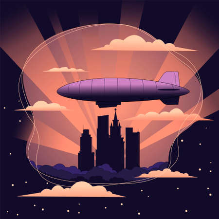 Airship in the sky above skyscrapers. City landscape against the setting sun. Vector illustration.のイラスト素材