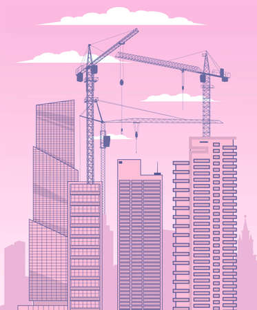 Building a big city. Construction cranes and skyscrapers on the background of the cloudy sky.Vector illustration.のイラスト素材