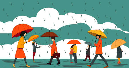 People with umbrellas walking in the rain on the background of clouds. Autumn illustration.のイラスト素材