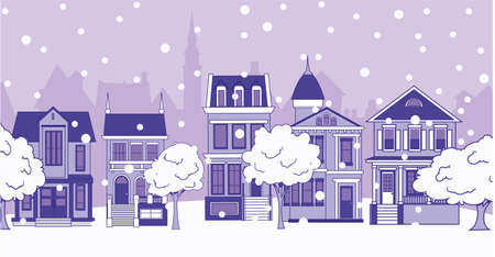 City houses on a snowy street. City and falling snow. Winter vector illustration.のイラスト素材
