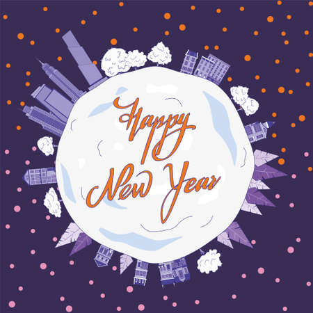A huge snowball in the form of a planet with houses and trees on it. Happy New Year lettering.のイラスト素材