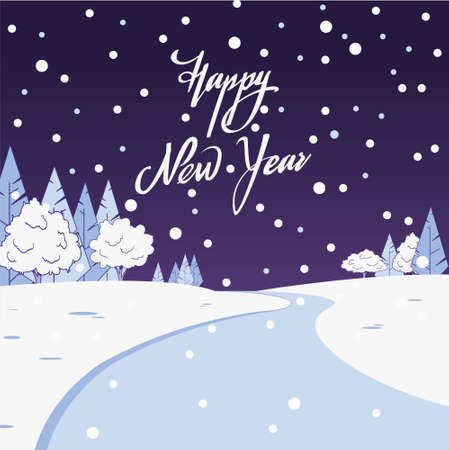 Winter landscape, frozen river and winter forest. Happy new year lettering.のイラスト素材