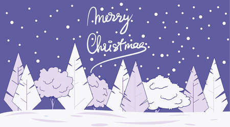 Christmas card. Winter trees under the falling snow. Merry christmas lettering.のイラスト素材
