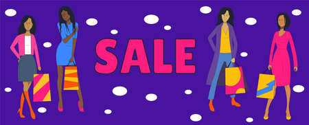 Girls with purchases and the inscription SALE. Advertising banner.