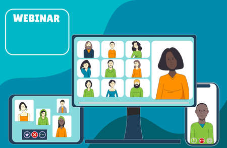 Online conference on different gadgets. Webinar illustration.のイラスト素材