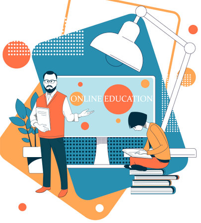 Online education at home. Courses and lectures remotely. Stylized illustration.のイラスト素材