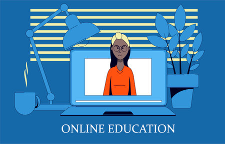 Online learning illustration. An African American girl leads a webinar. Education at home.のイラスト素材