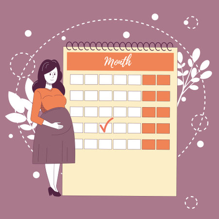 Pregnant woman standing on the background of the calendar with a mark. Planning pregnancy.のイラスト素材