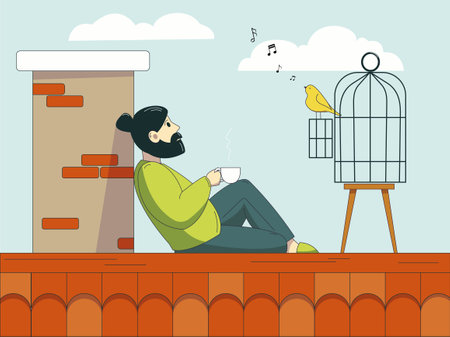 A man relaxing on the roof of the house with a cup of coffee and enjoying the birdsong. Rest in quarantine conditions.のイラスト素材