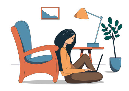 Girl sitting on the floor works at a laptop at home.Vector female character illustration.のイラスト素材