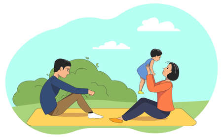 The family is resting in nature, parents with a small child are sitting on a blanket on the lawn.のイラスト素材