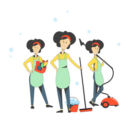 A set of young cleaning girls. Advertising of a cleaning company.のイラスト素材