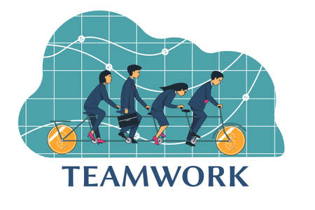 Teamwork. A group of managers ride the same bike against the background of a financial graph. Collaboration.のイラスト素材