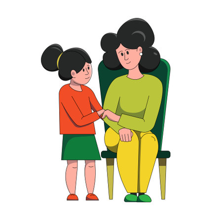 The family is at home. The daughter is standing next to her mother.のイラスト素材