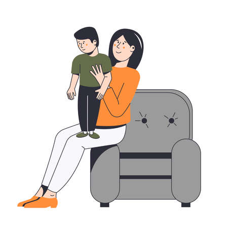 Mom with a baby in her arms sits on an armchair. Vector illustration of parents with children.のイラスト素材