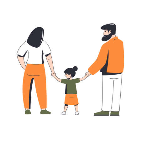 Parents walk with their child in the fresh air. Vector illustration of a family scene.のイラスト素材