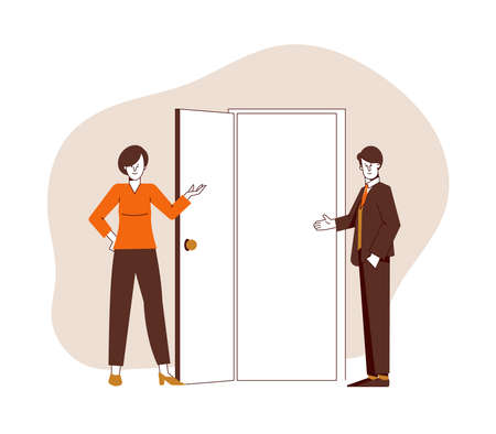 Businessman and businesswoman are invited to the office. Vector concept of attracting new customers.のイラスト素材