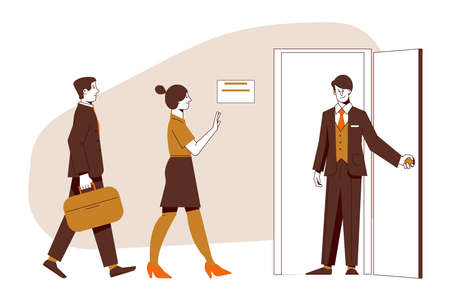 Businessman greets clients at the entrance to the office. Vector scene of office life.のイラスト素材