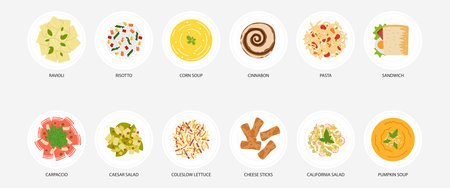 Set of different food vector icons for menu.のイラスト素材