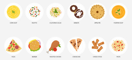 Vector food icons for catering menu. Set of dishes.のイラスト素材