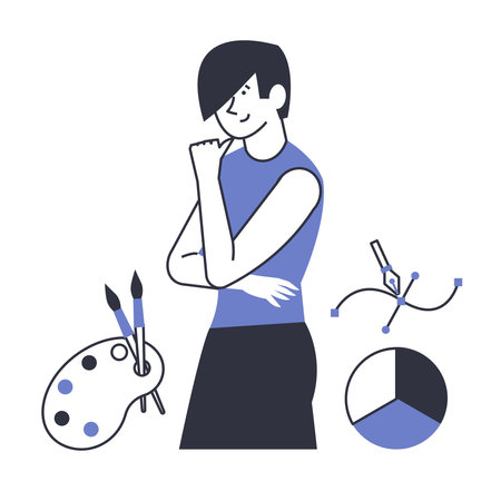 Designer, digital artist, illustrator. Vector character employee of a firm, corporation.