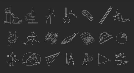 A set of various drawings on the blackboard. Scientific icons in doodle style.のイラスト素材