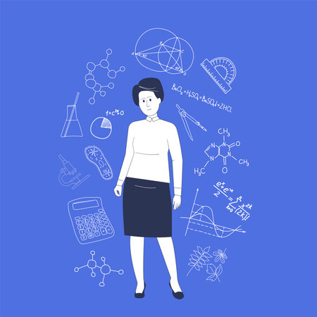 Woman school teacher of geometry, chemistry, biology.Vector concept of school subjects.のイラスト素材