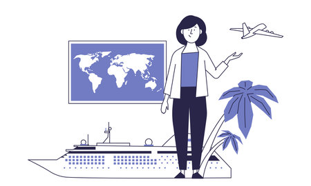 The girl advertises a tourist tour. Travel agency vector concept.のイラスト素材