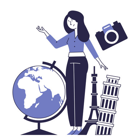 Girl sightseeing guide. Vector concept of excursions.のイラスト素材