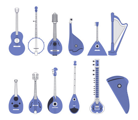 A set of various stringed musical instruments from different regions of the world.のイラスト素材