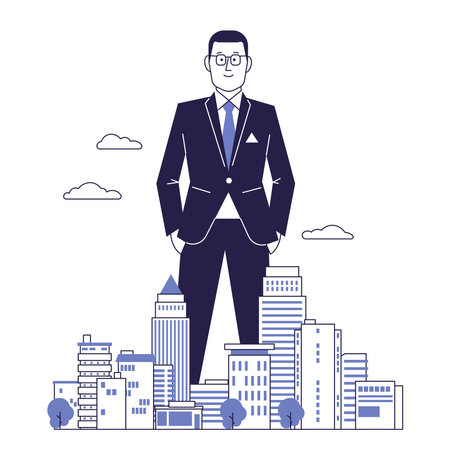 Huge businessman standing among the buildings of the metropolis. Illustration of success and power.のイラスト素材