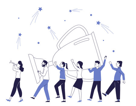 A team of happy people carries a big cup. Winners business concept.のイラスト素材