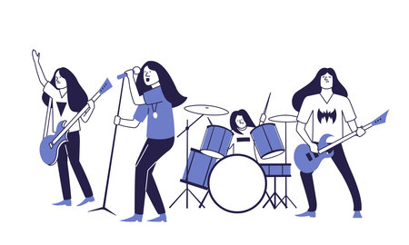 A group of hard rock musicians perform on stage.のイラスト素材