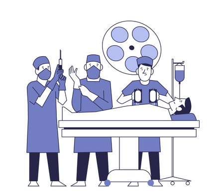 Surgery scene. Doctors in the operating room provide care to a patient.のイラスト素材
