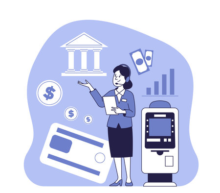 Girl bank consultant presents various financial services. Bank service concept.のイラスト素材