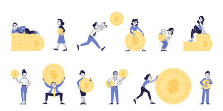 People with money. Set of people with coins. Vector illustration.のイラスト素材