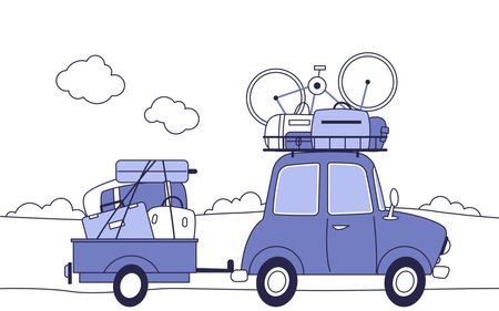 A car with a trailer loaded with suitcases, bicycles, and travel gear, heading for a trip. Summer vacation, family road trip, outdoor adventure.のイラスト素材