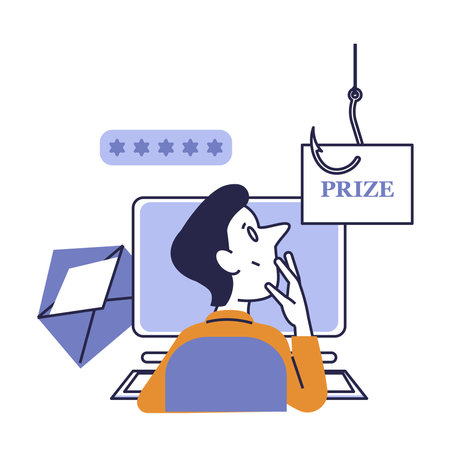 Vector illustration in flat style showing a person sitting at a computer and receiving a fake prize notification as part of a phishing scam. Hook bait, suspicious email, and five-star trap elements highlight online fraud risk. Concept of cybercrime, internet security awareness, and digital manipulationのイラスト素材