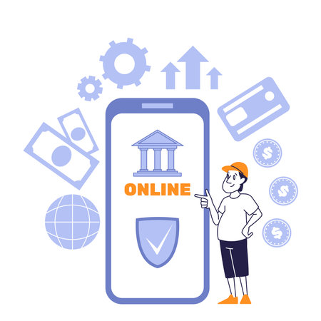Online Banking and Mobile Finance Concept with Cartoon Character and Smartphone Interfaceのイラスト素材