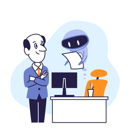 Artificial Intelligence Helping Business Professional with Documents. Vector Illustration of Office Worker and AI Assistant Collaborating in Workplace.のイラスト素材